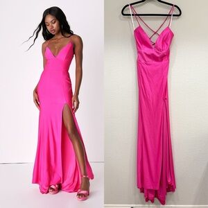 NWOT Lulus Divine Desires Hot Pink Satin Lace-Up Mermaid Maxi Dress